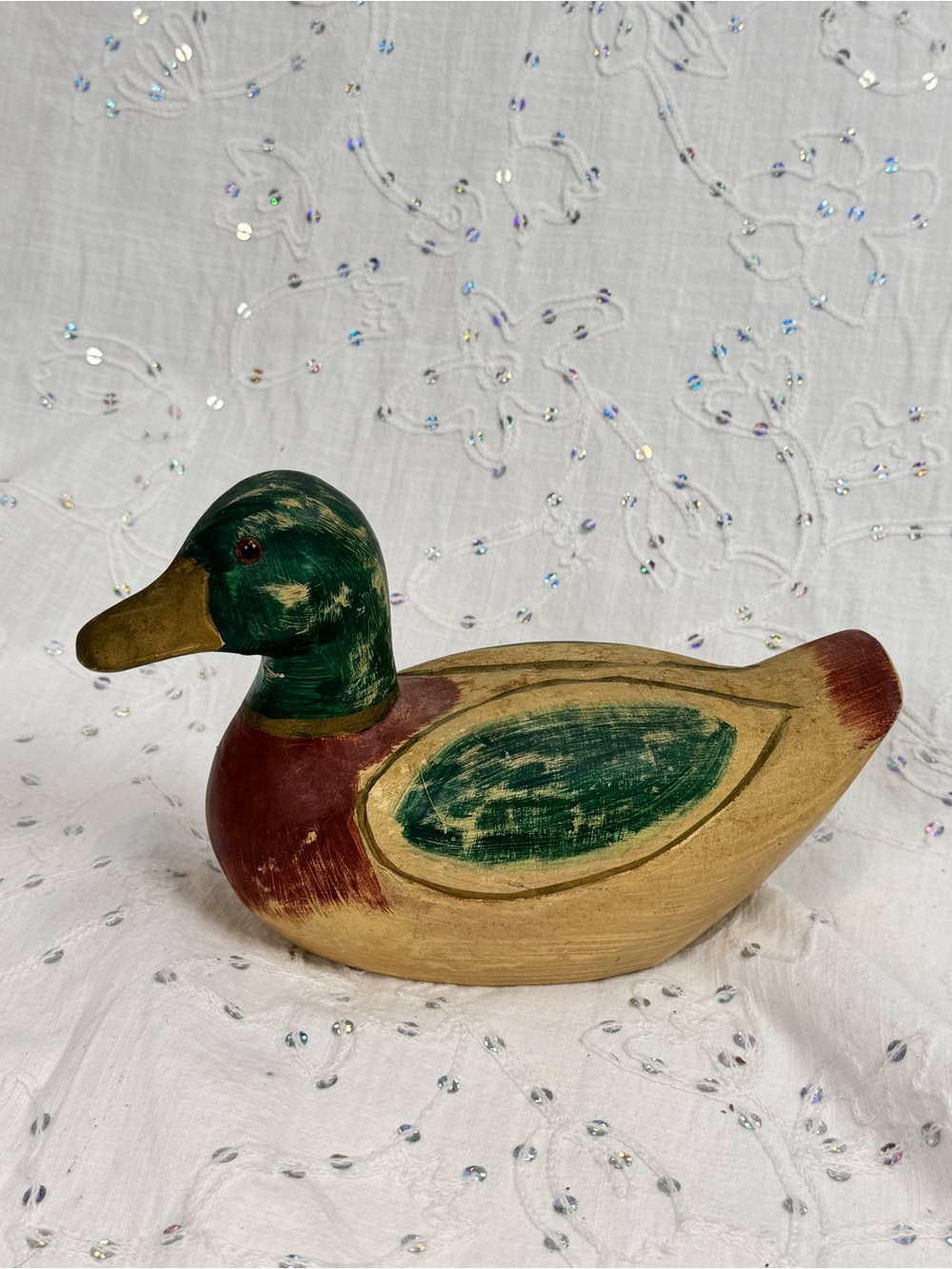 Vintage Hand Carved Painted Wood Mallard Duck | Rustic Folk Art Decoy Decor